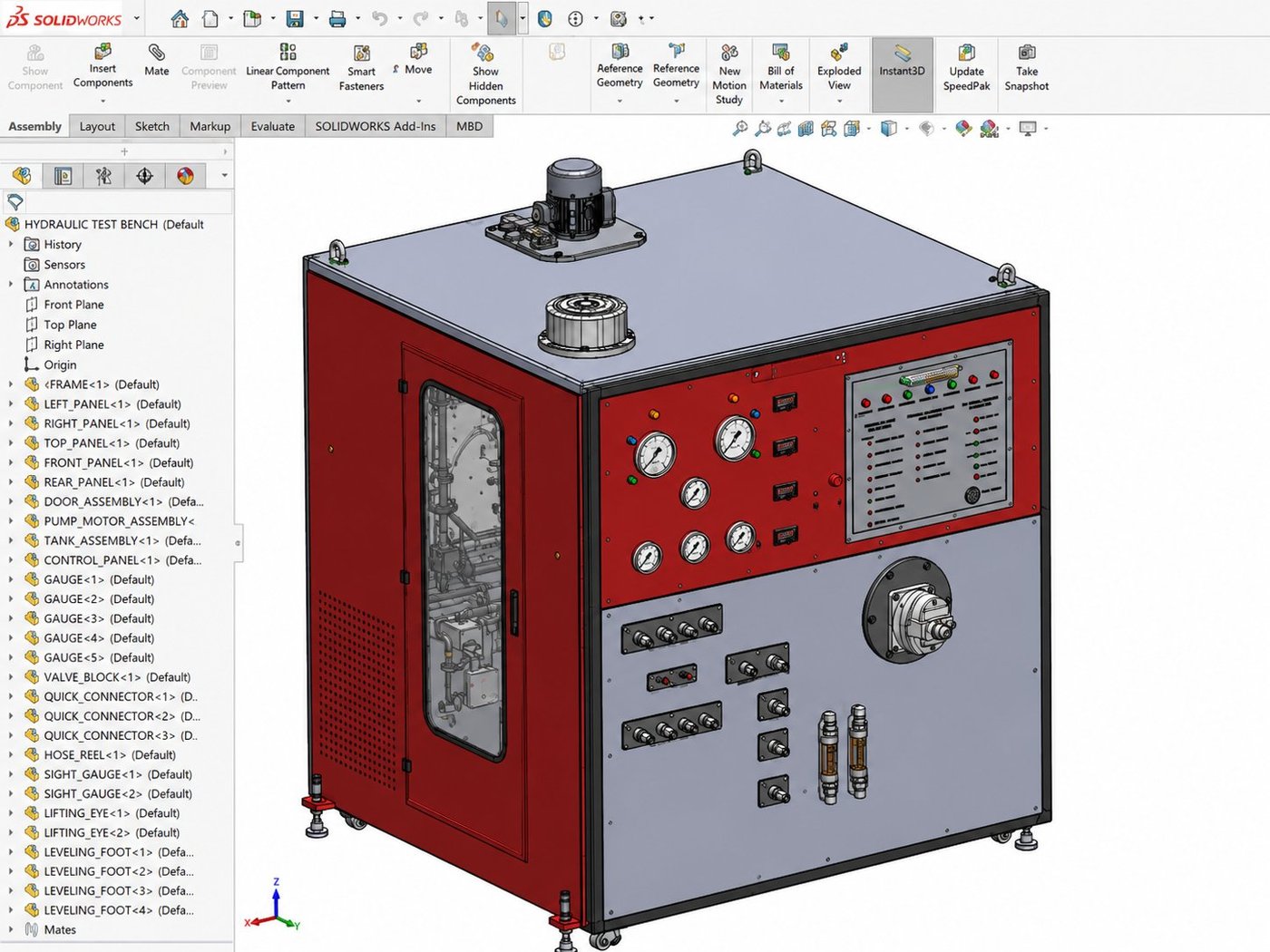 SolidWorks assembly model of the hydraulic test bench